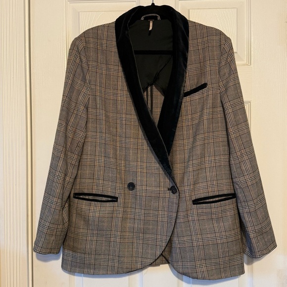 FREE PEOPLE Plaid Velvet Trim Blazer Oversized Tan Green  XS - Picture 3 of 7